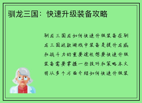驯龙三国：快速升级装备攻略